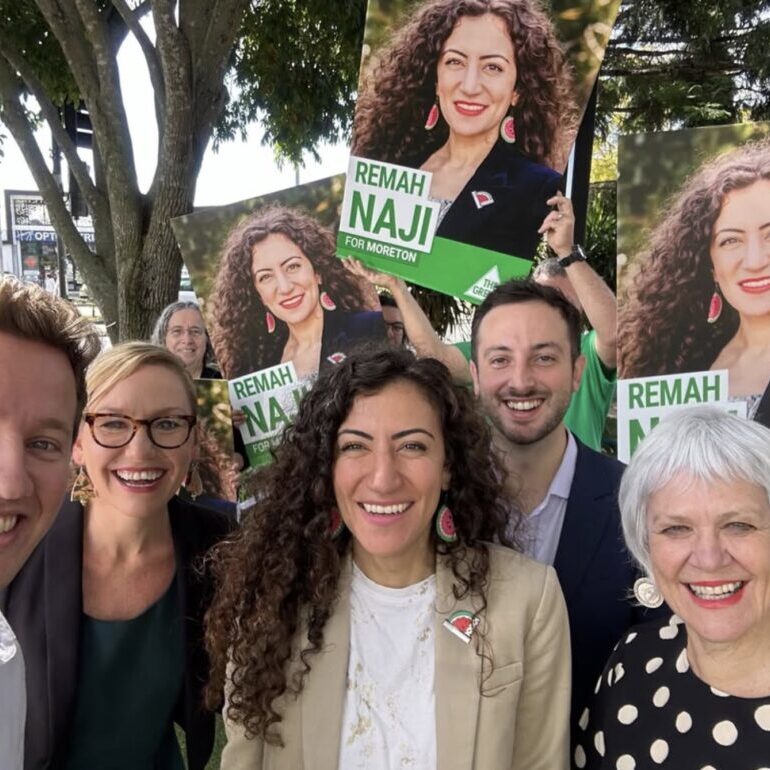 Moreton candidate Remah Naji (centre) with Queensland-based Federal Greens MPs (left to right) Max Chandler-Mather, Senator Larissa Waters, Stephen Bates and Elizabeth Watson-Brown (Image: Instagram)